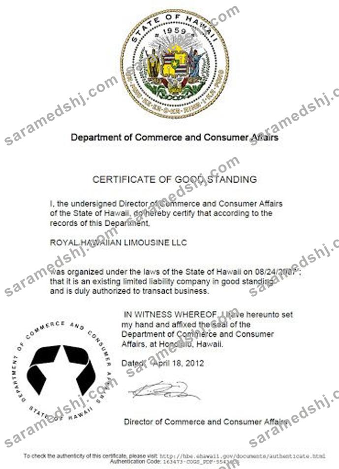 USA Hawaii certificate of good standing